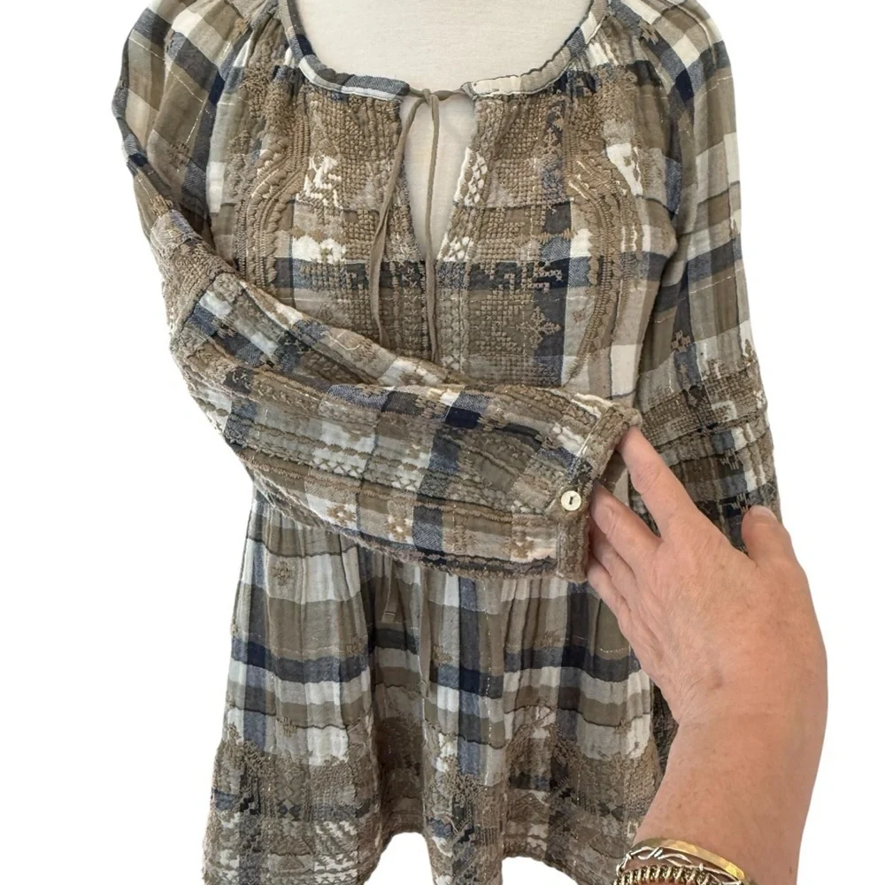 Johnny Was 3J Workshop Embroidered Plaid Tunic Blouse Boho Neutral Small